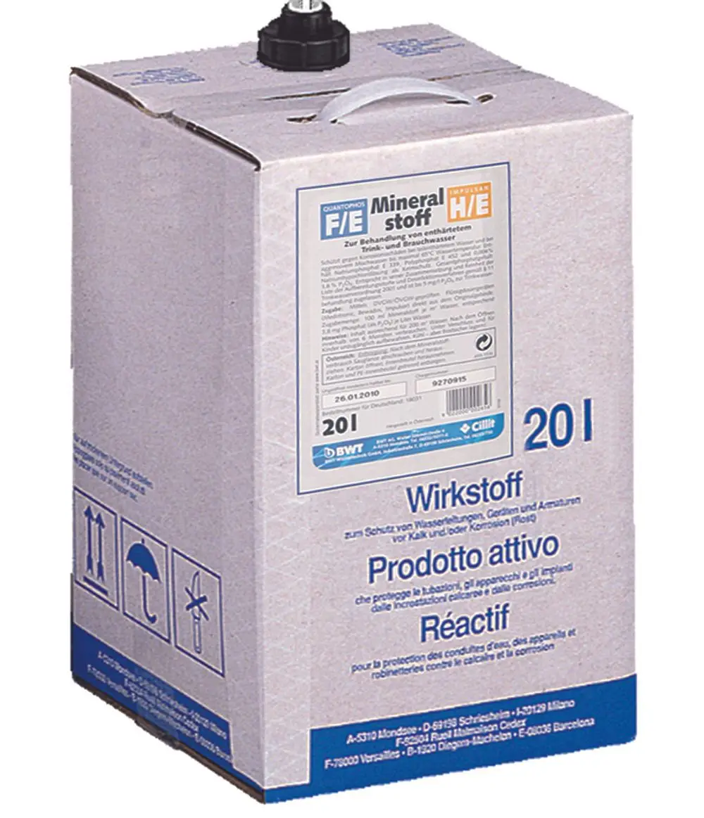 Kartonverpackung mit Produktinformationen für einen Mineralstoff von BWT, zur Behandlung von Trink- und Brauchwasser, mit Details zur Verwendung und Sicherheitsinformationen.